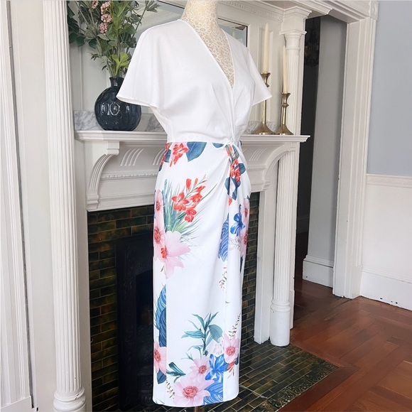 TED BAKER Nerris Jamboree Twist Detail Midi Dress White/ Multi Floral Size 1 - Picture 6 of 15